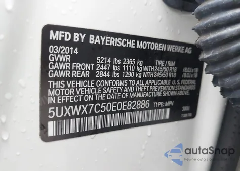 2014 BMW X3 xDrive35I z USA, uszkodzony, nr VIN 5UXWX7C50E0E82886